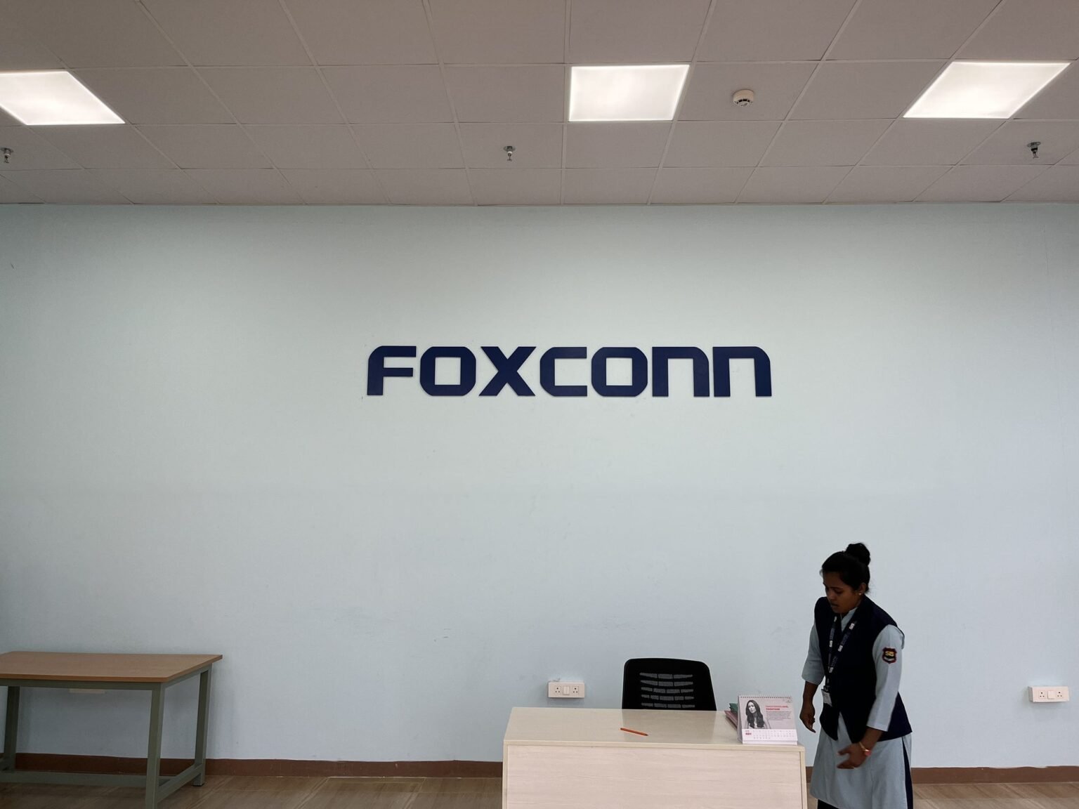 Foxconn reception wall lettering at the front desk