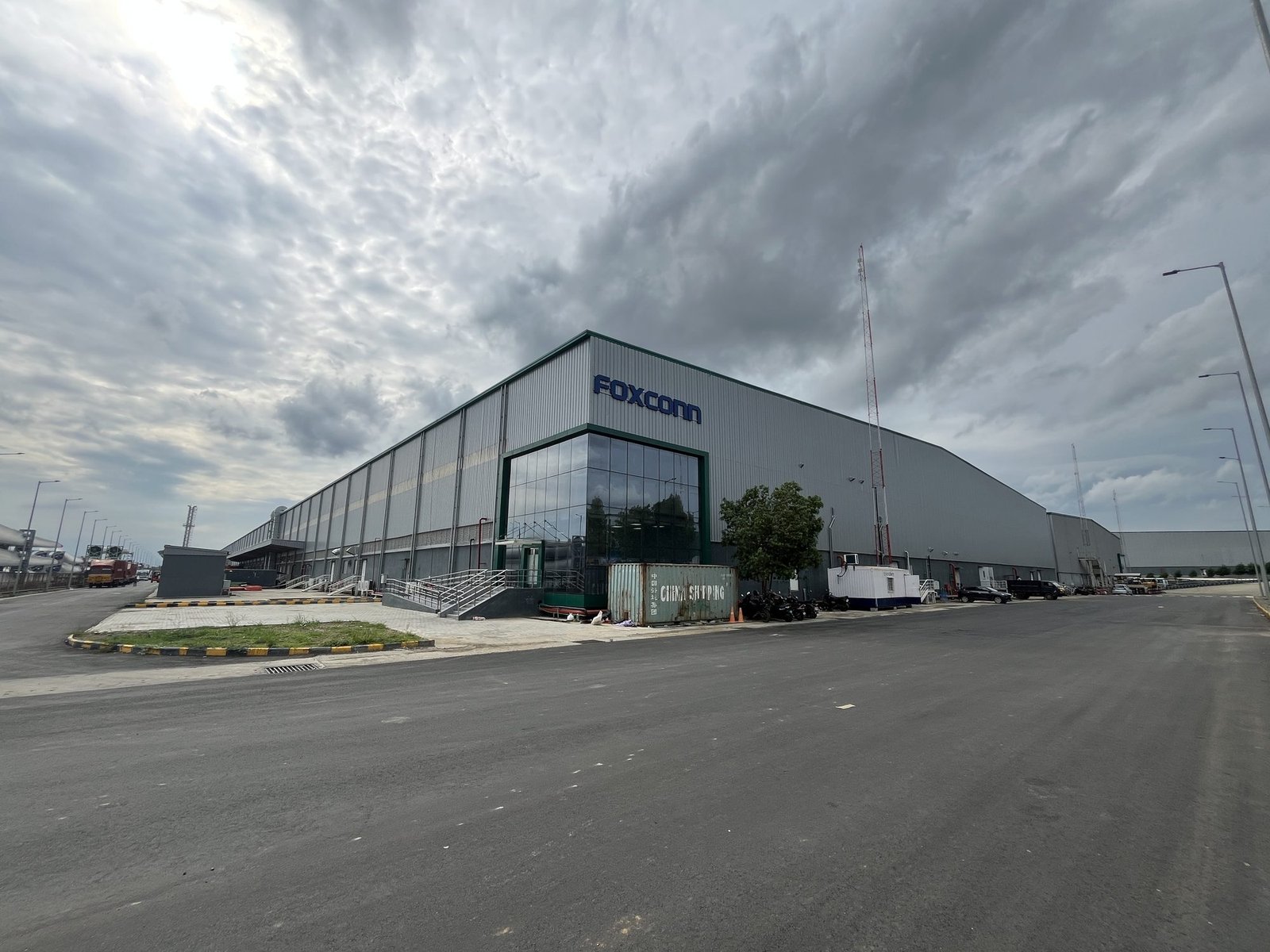 Foxconn manufacturing building with full-length facade signage