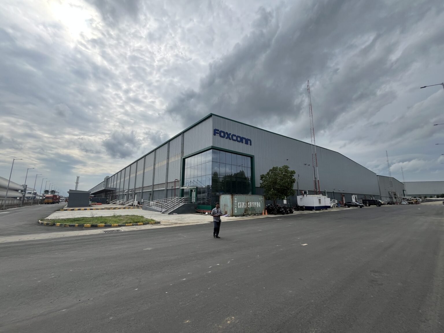 Foxconn facility facade with large-format brand lettering