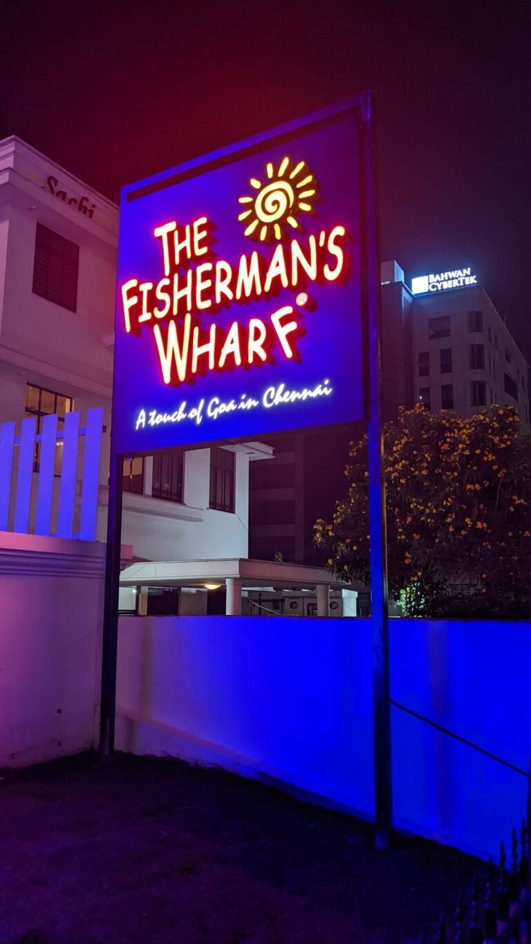The Fisherman's Wharf illuminated LED signboard at night