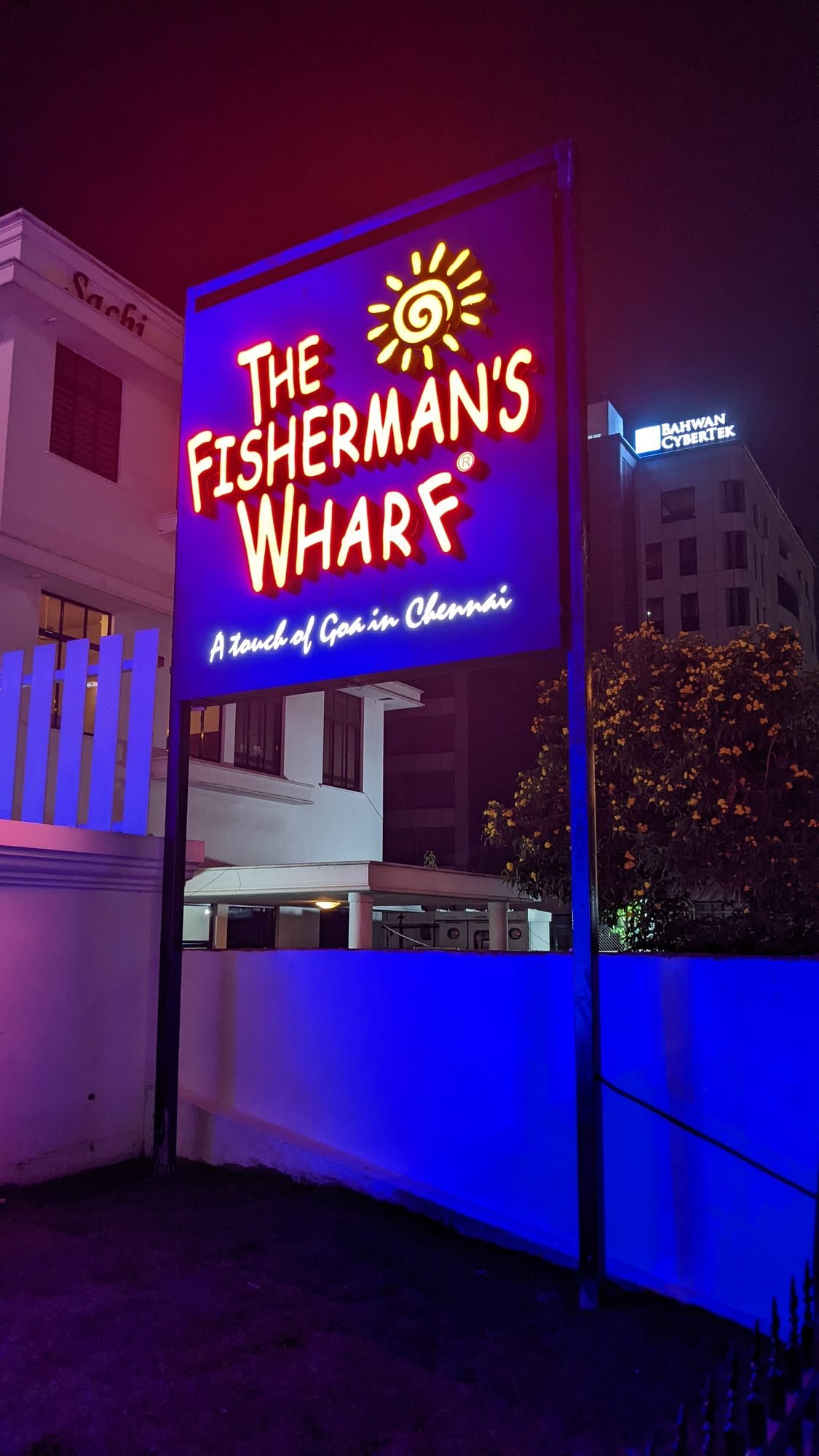 The Fisherman's Wharf illuminated LED signboard at night