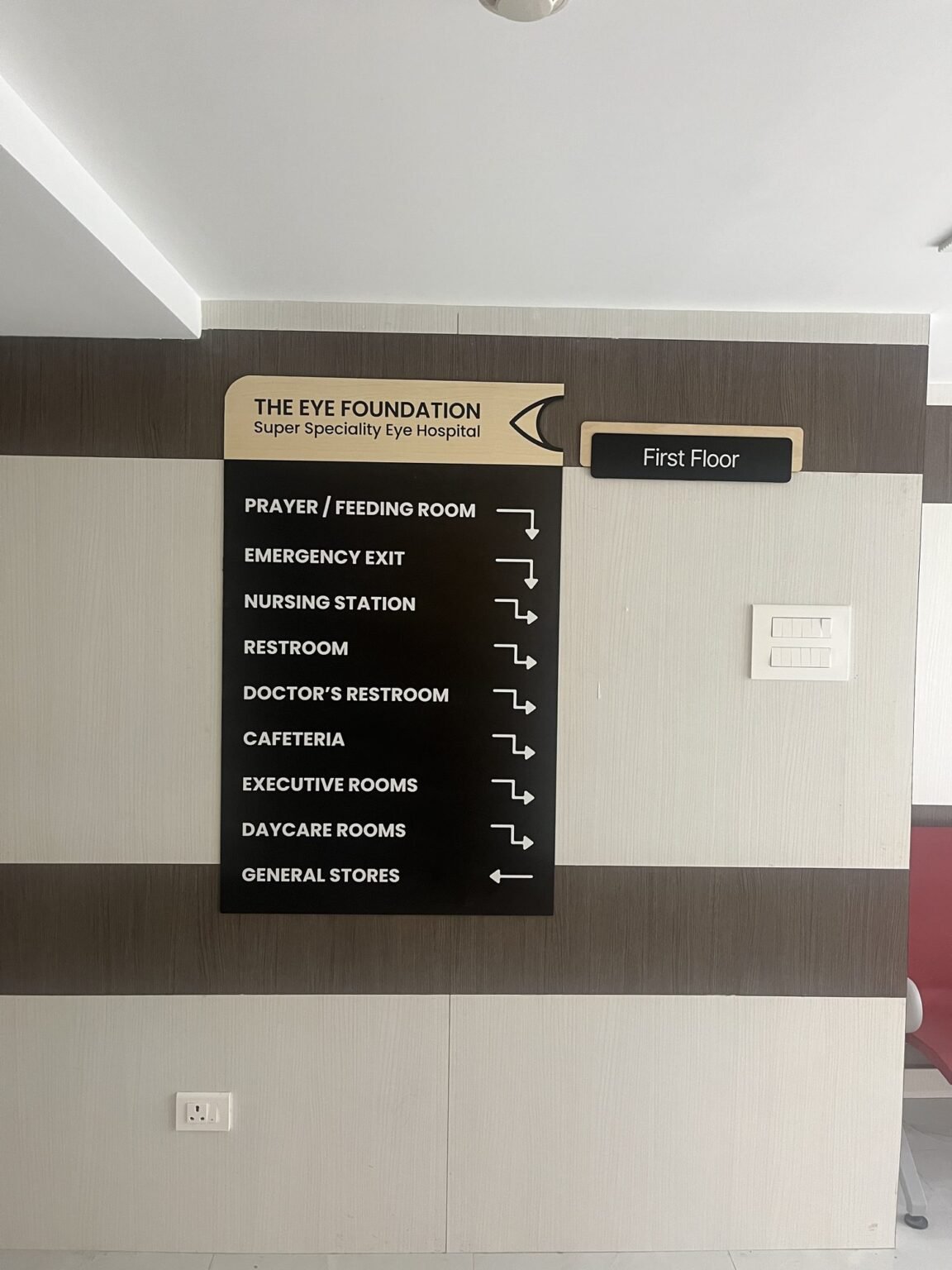Directional wayfinding board in hospital corridor